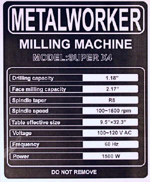 Machine specifications from label on the head